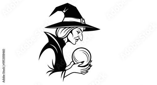 Black and White Illustration of a Witch Gazing into a Crystal Ball