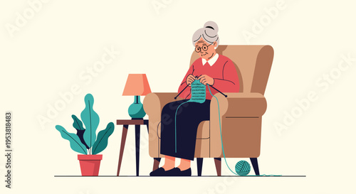 Peaceful grandmother sitting in a comfortable armchair knitting with blue yarn in a cozy living room setting with a plant and lamp nearby.
