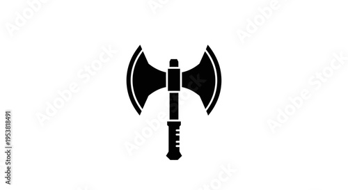 Black Double-Bladed Axe Icon, Medieval Weapon Symbol, Isolated on White Background