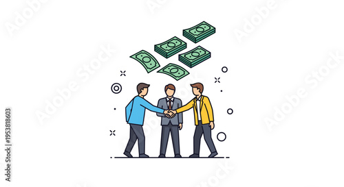 Three professional businessmen shaking hands to seal a profitable deal while banknotes fall from above symbolizing financial success and partnership.