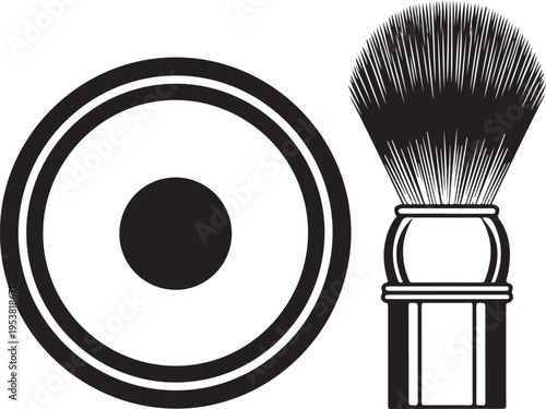 Classic black and white icon of a shaving brush and a round container, essential for male grooming.
