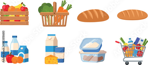Grocery Food Set with Fresh Fruits Vegetables Bread Dairy Products and Shopping Cart Items for Supermarket and Healthy Lifestyle Vector Illustration