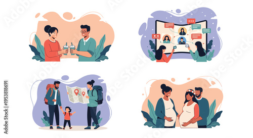 Various lifestyle illustrations featuring a couple drinking coffee, remote networking, a family hiking with a child, and pregnant women.