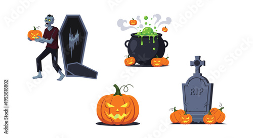 Collection of Halloween themed illustrations including a zombie with a pumpkin, a boiling cauldron, a large carved pumpkin, and a gravestone.