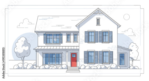Modern two-story suburban house with a white facade, a prominent red door, many windows, and a well-kept garden with trees and bushes.