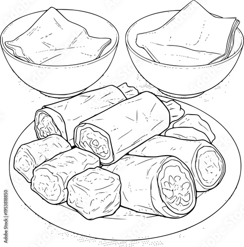 Hand drawn of spring rolls and dipping sauce bowls a plate food appetizer