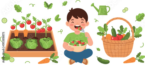 Happy Child Eating Fresh Vegetables from Garden with Basket of Organic Produce Promoting Healthy Nutrition and Farm to Table Lifestyle Vector Illustration