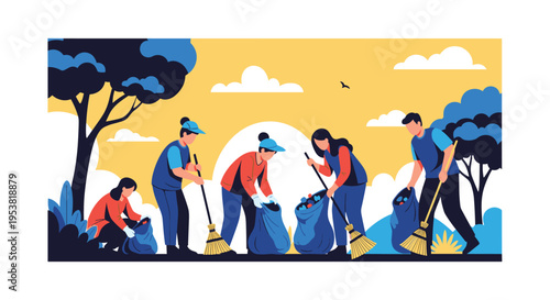 Group of dedicated volunteers working together to clean up a public park by sweeping leaves and picking up trash into blue bags at sunset.
