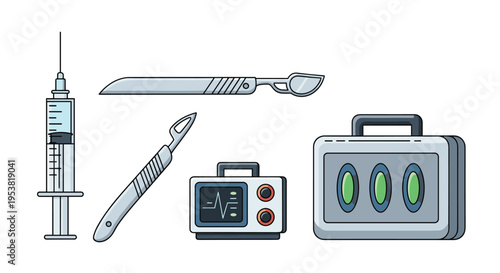 Collection of essential medical and surgical instruments including a syringe, scalpels, a patient monitor, and a first aid or tool kit.