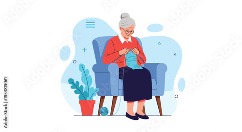 Senior woman peacefully knitting a blue scarf while sitting in a cozy armchair in a bright room with a plant and a ball of yarn at her feet.