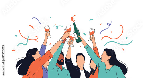 Joyful group of diverse friends celebrating a special occasion by toasting with glasses of champagne and wine amid colorful confetti.