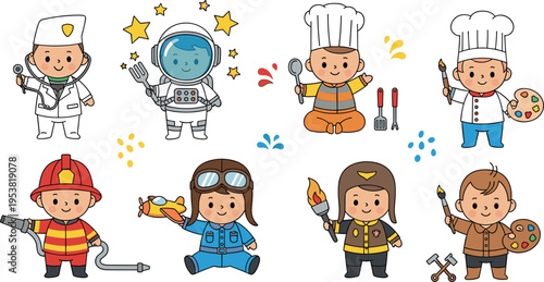 Kids in different professions set, children dressed as astronaut chef firefighter pilot and artist, career dreams and occupations cartoon flat vector illustration collection