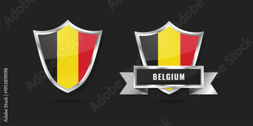 High-quality glossy silver shield emblems featuring the tricolor flag of Belgium. Includes badge with name banner. Ideal for European identity, sports, and patriotic designs.
