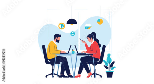 Colleagues or freelancers working together at a table with laptops in a modern office or coworking space with creative icons in the background.