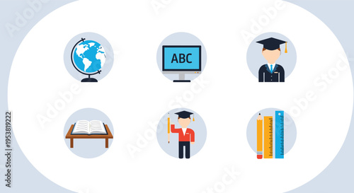 Set of six educational icons including a globe, a computer screen with letters, a graduate, an open book, a student, and stationery tools.