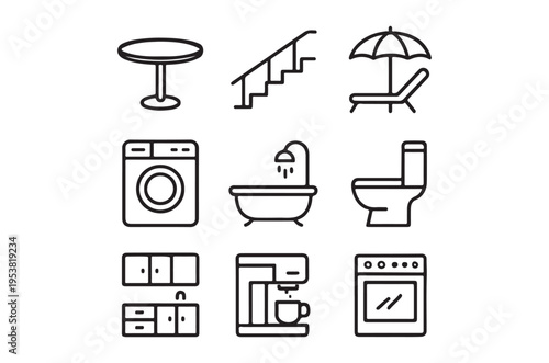 Basic RGBA collection of black line drawings depicting various home and furniture icons, including household appliances and bathroom fixtures, useful for design and architecture concepts.