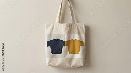 Two t-shirts, dark blue and mustard yellow, displayed on a plain canvas tote bag mockup, t shirts