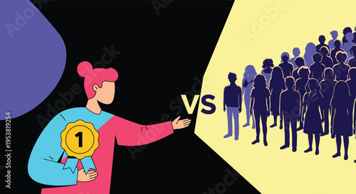Illustration showing a successful individual with a number one medal standing out against a large crowd of silhouetted people in the background.