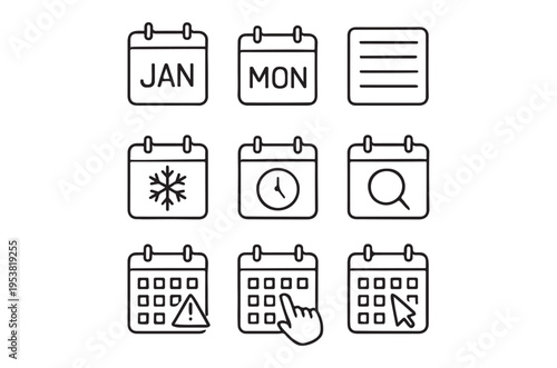 Basic RGBA collection of black and white line art calendar icons representing business organization and scheduling concepts, useful for marketing, advertising, and educational materials.