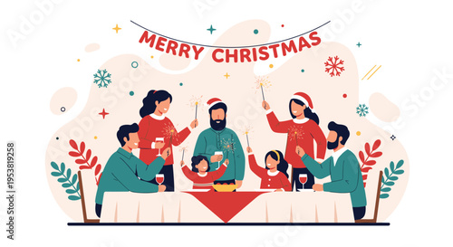 Happy family gathered around a dining table for Christmas dinner with sparklers, festive food, and a Merry Christmas banner in the background.