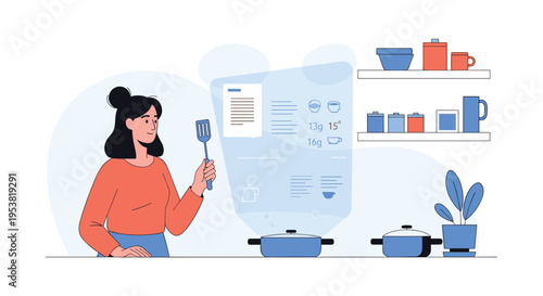 Woman in a modern kitchen preparing a meal while following a digital recipe projected as a hologram above the stove for futuristic cooking.