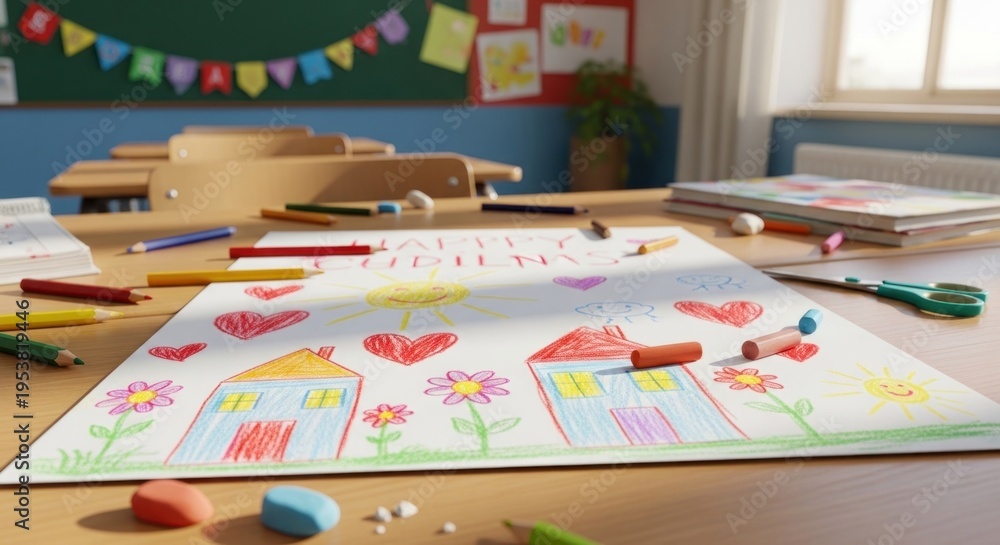 Fototapeta premium Childs Drawing on a School Desk - Colorful Houses and Hearts.