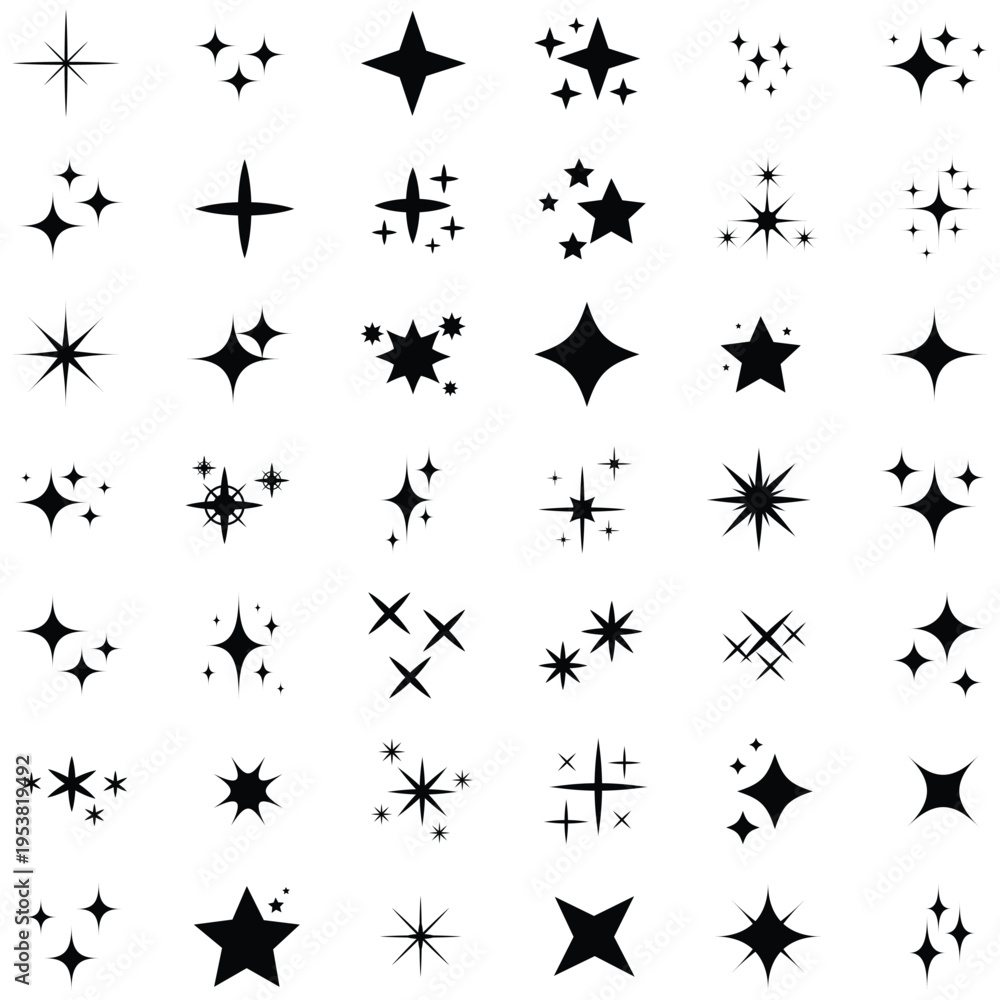 Fototapeta premium Collection of black starburst shapes and sparkles on white background