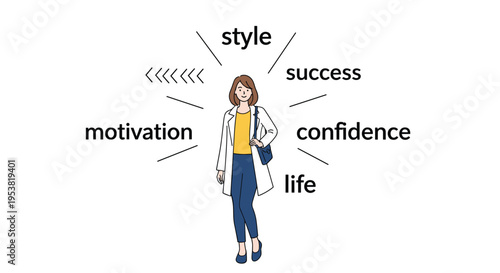 Stylish woman walking forward surrounded by positive keywords like motivation, style, success, confidence, and life for an empowering message.
