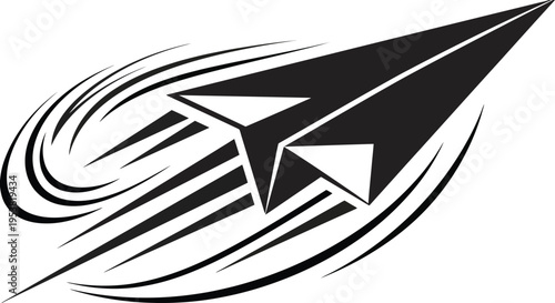 Black and white illustration of a speeding paper airplane with dynamic ink splatters and motion lines on a clean background
