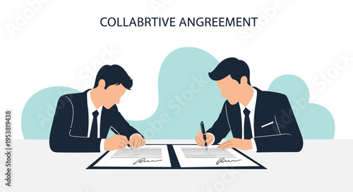 Two professional businessmen in suits sitting at a table and signing a collaborative agreement document to confirm a successful partnership.