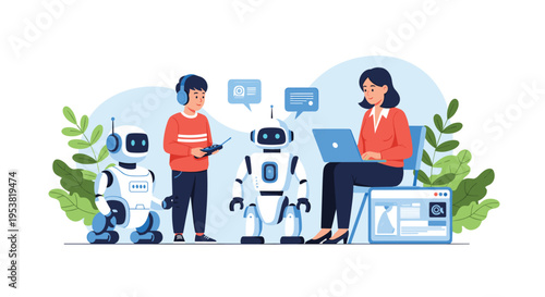 Modern education scene showing a teacher on a laptop and a student with a remote control interacting with humanoid robots in a bright classroom.