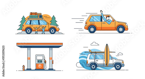 Collection of car related activities including a family road trip, a waving driver, refueling at a gas station, and an SUV carrying a surfboard.