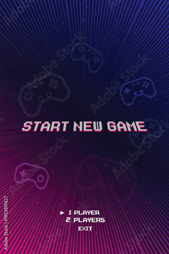 START NEW GAME. Retro Futurism Sci-Fi Background. glowing neon grid and star from vintage arcade computer games
