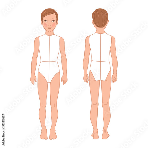 Toddler fashion design template featuring a young boy's body croquis in front and back views. Clean vector  illustration perfect for toddler clothing designers, children's fashion sketching