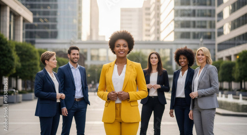 Confident black woman leading diverse team of professionals outdoors  