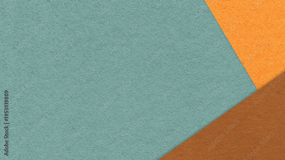 Fototapeta premium Muted teal textured paper background with orange brown triangular corners and copy space. Template for presentation, banner