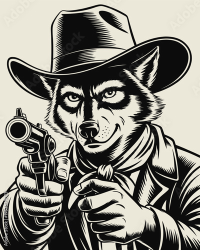 Black and white stylized of a cowboy wolf aiming a revolver