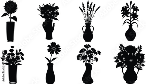 Black silhouette illustration of eight unique flower arrangements in decorative vases, artwork concept for floral design, home decoration, botanical art, nature, and creative projects