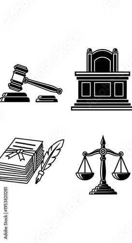Law and Justice Icons: Gavel, Scales, Courtroom, Documents, Feather Pen