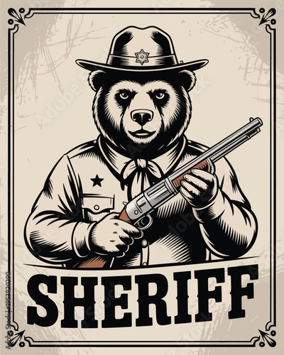 Cartoon bear sheriff wearing star badge and cowboy hat