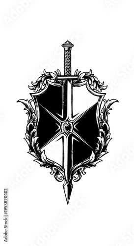 Medieval Heraldic Shield with Crossed Sword and Ornate Flourish, Emblematic Design