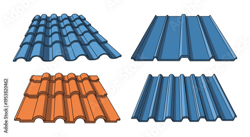 Two types of roofing tiles, corrugated and clay, blue and orange vector