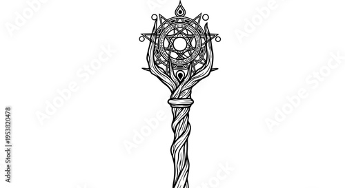 Fantasy Wizard Staff with Intricate Magical Sigil and Twisted Wood Design