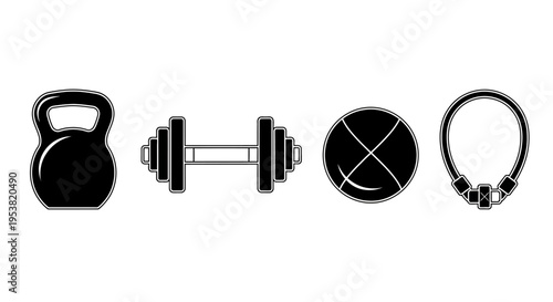 Fitness Equipment Icons: Kettlebell, Dumbbell, Ball, Jump Rope - Gym Workout Gear Set