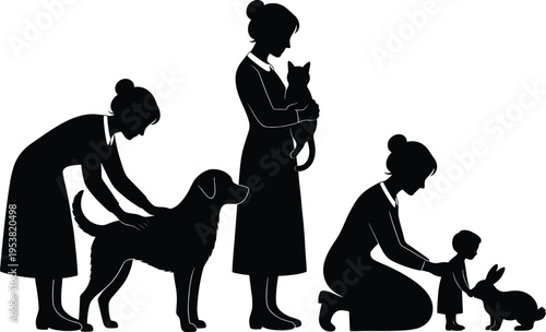 Black silhouette illustration of woman caring for pets including dog, cat and rabbit, showing grooming, holding and nurturing moments, pet care and animal love concept