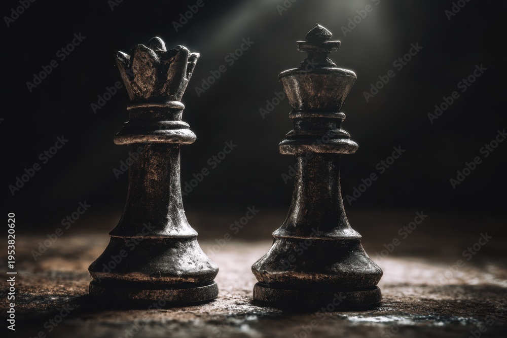 Fototapeta premium Queen and King Chess Pieces in Dramatic Light, Strategic Game Elements