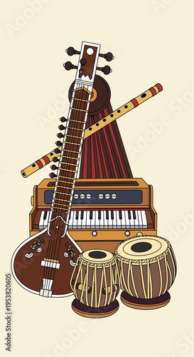 Indian Classical Musical Instruments Composition Sitar Tabla Harmonium Flute