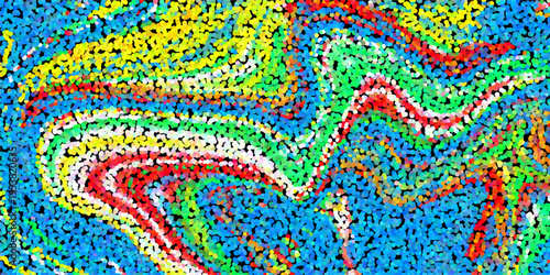Psychedelic Abstract Stippled Swirls of Blue Yellow Red and Green Dots with Fluid Motion and Vibrant Energy