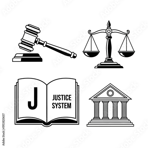 Justice System Icons Set with Gavel, Scales, Book and Courthouse