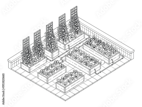 Isometric sketch of a rooftop garden with raised beds and plants vector